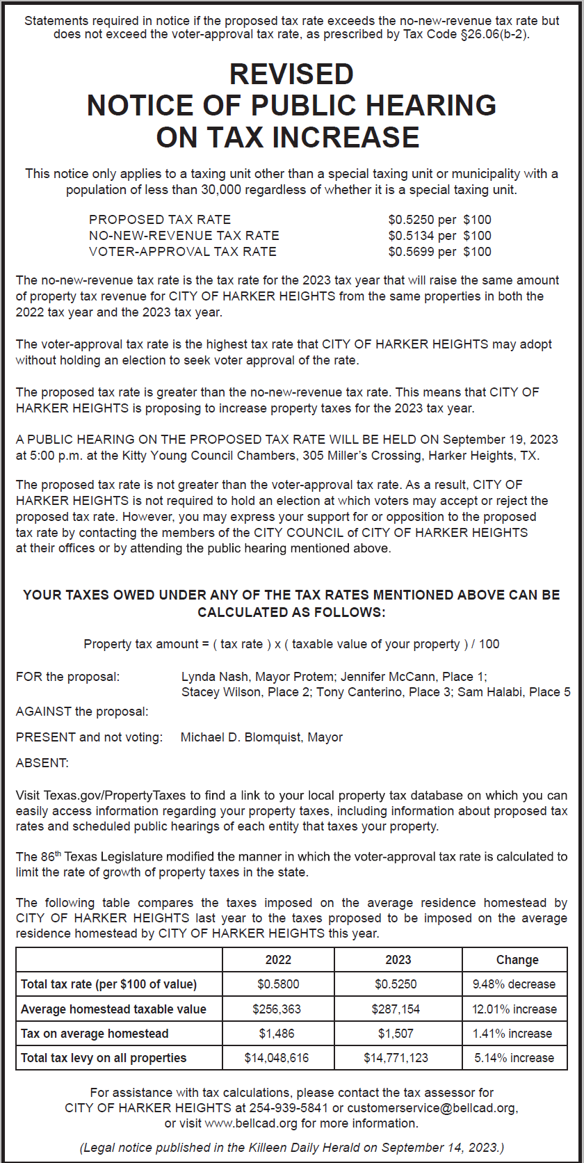 NOTICE OF PUBLIC HEARING ON TAX INCREASE 9 3 2023